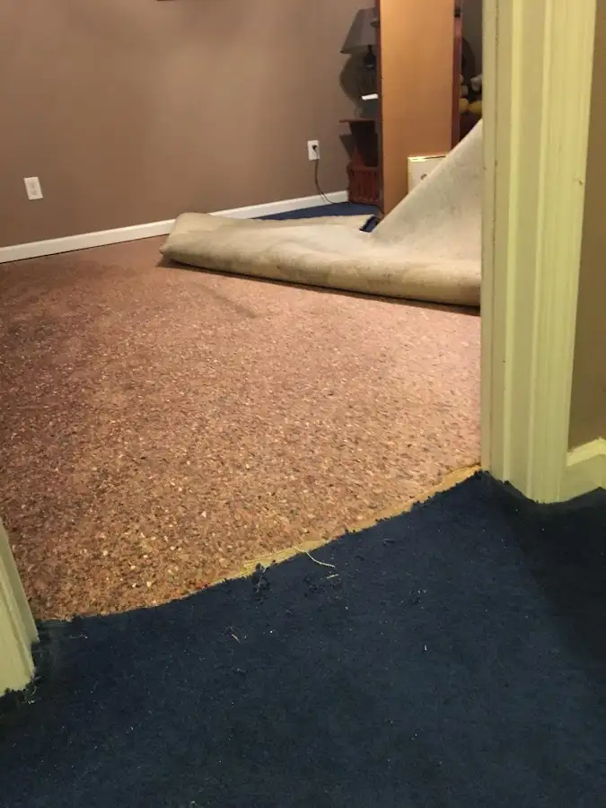 Carpet pad removal revealing water damage during Water Mitigation Services in Polk City